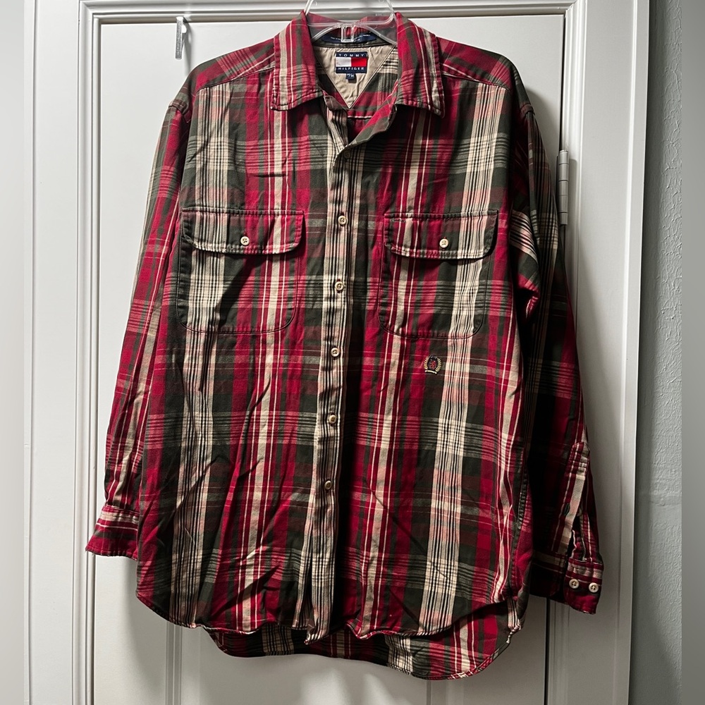 Vintage 90s Mens Tommy Hilfiger Plaid Logo Pocket Long Sleeve Shirt Size L